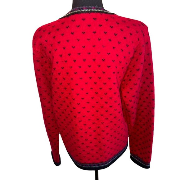 Vintage Tally 100% Boiled Wool Button Cardigan Sweater Red Floral Grandmacore - Picture 2 of 12